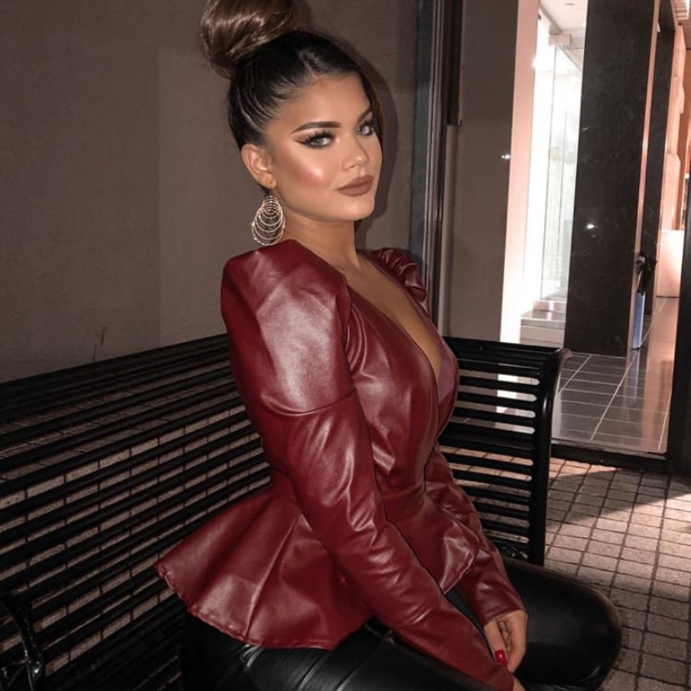 FASHION NOVA LEATHER BLOUSE - BURGUNDY